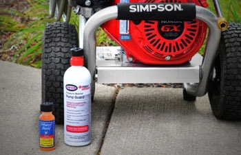 Fuel stabilizer and a pump saver fluids near the gas pressure washer.